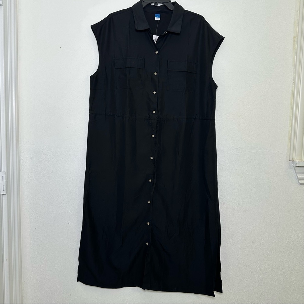 NWT Old Navy Sleevesless Utility Black Midi Dress with Buttons and Side sSlit - Picture 2 of 12